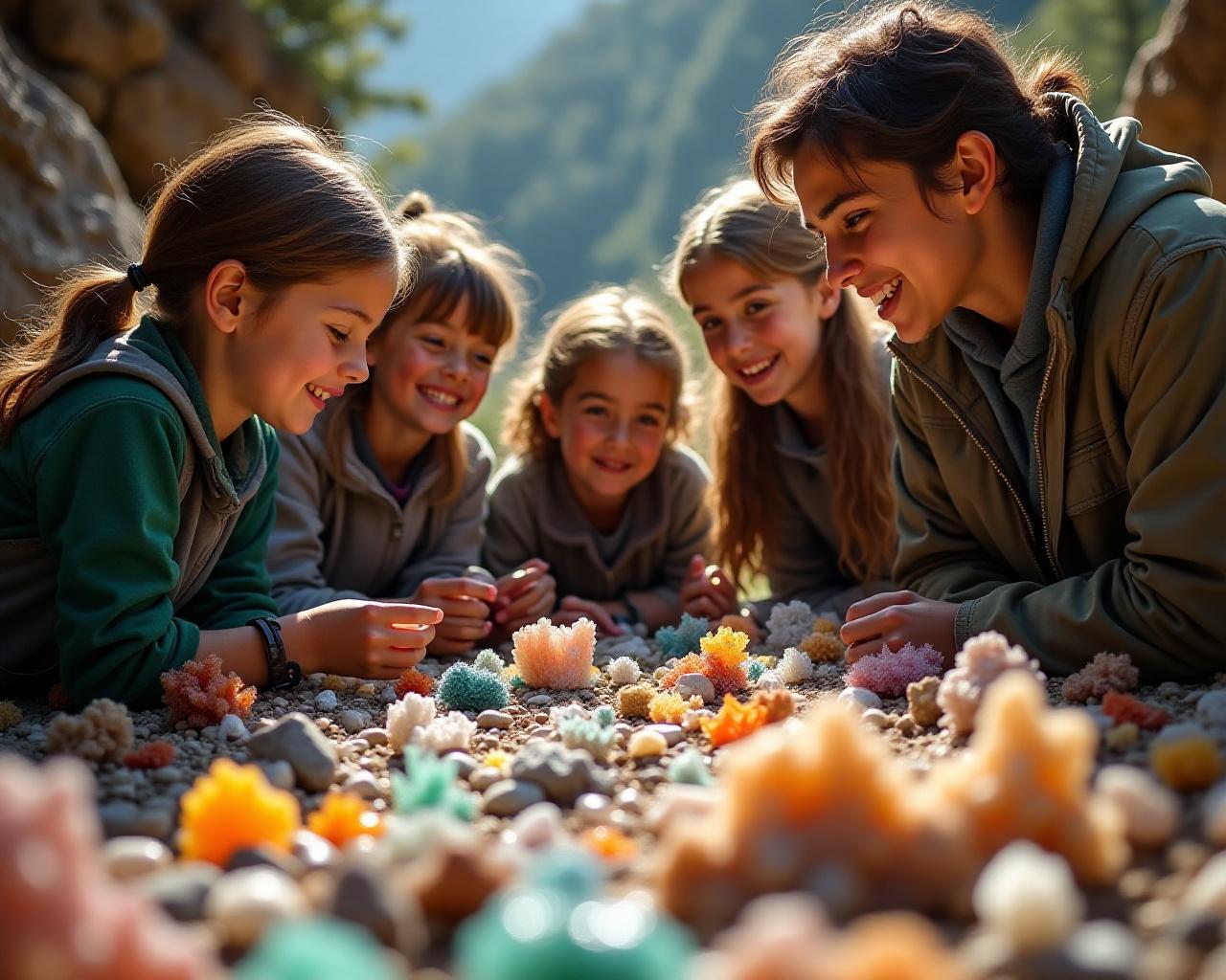 Studenti che esaminano minerali all'aperto